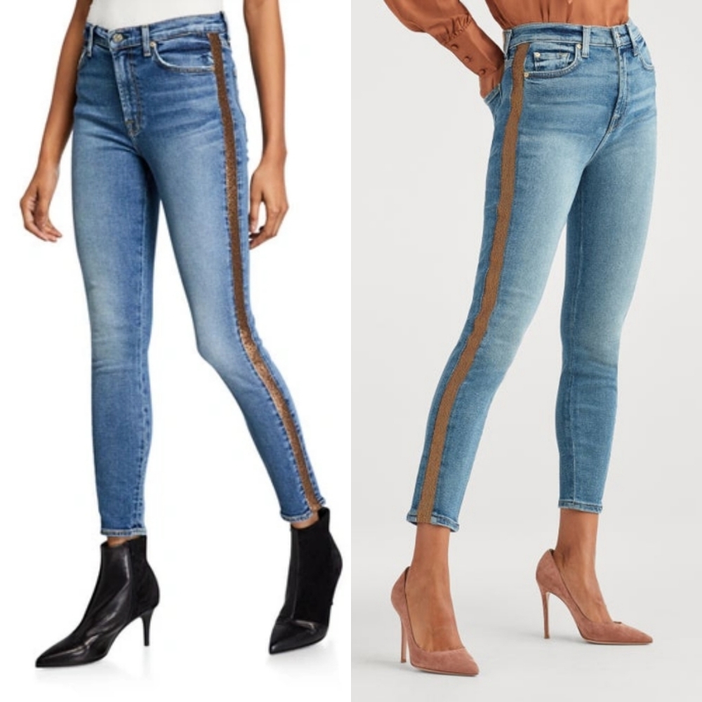7 FOR ALL MANKIND Shimmer Stripe Skinny Ankle Jeans In Luxe Vintage Muse NWT 29.